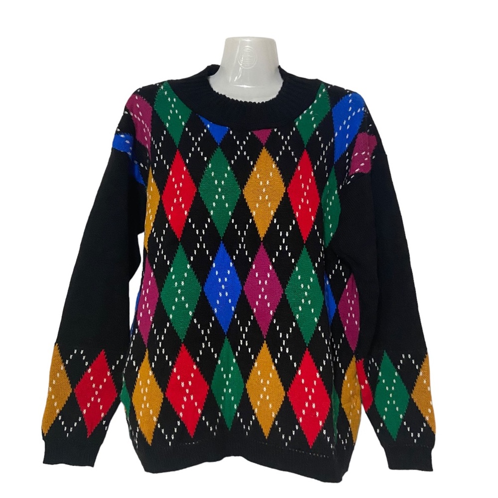 Vintage Argyle United Sweaters of America Diamond Dotted Large Black Made in USA